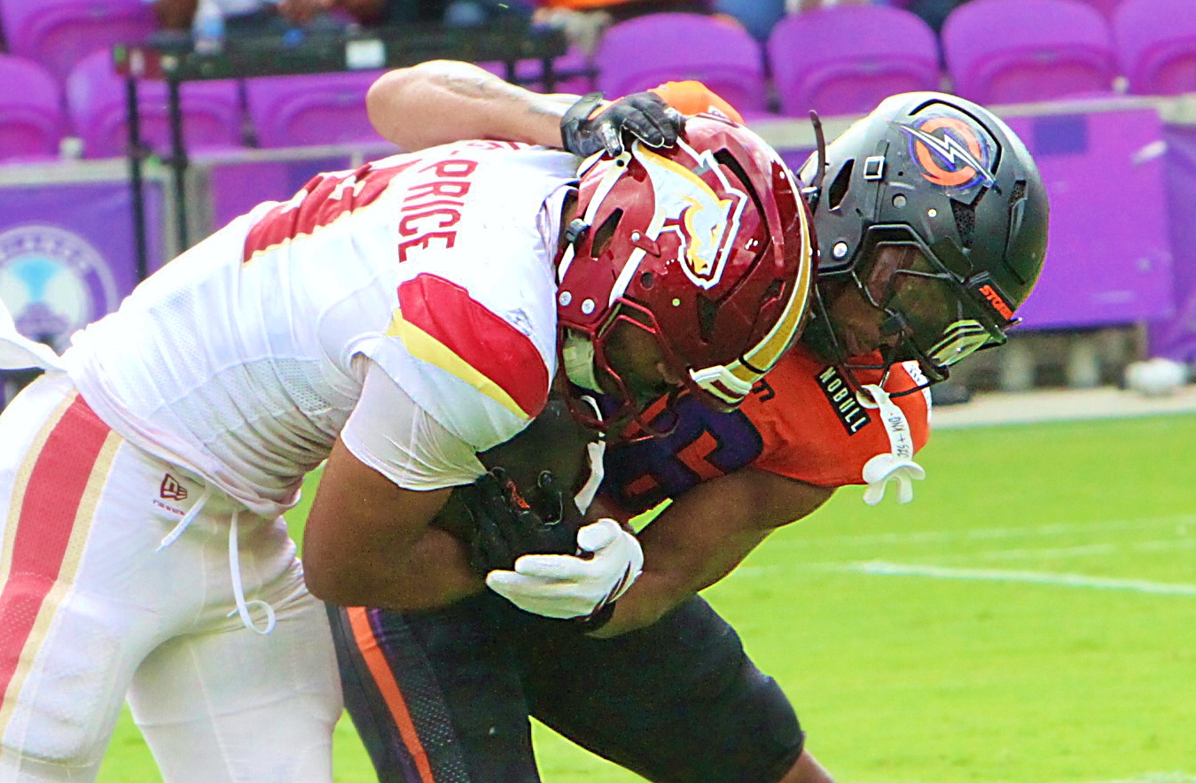 Orlando's Nate Brooks tackles Birmingham's Tyrion Davis-Price during the Birmingham...