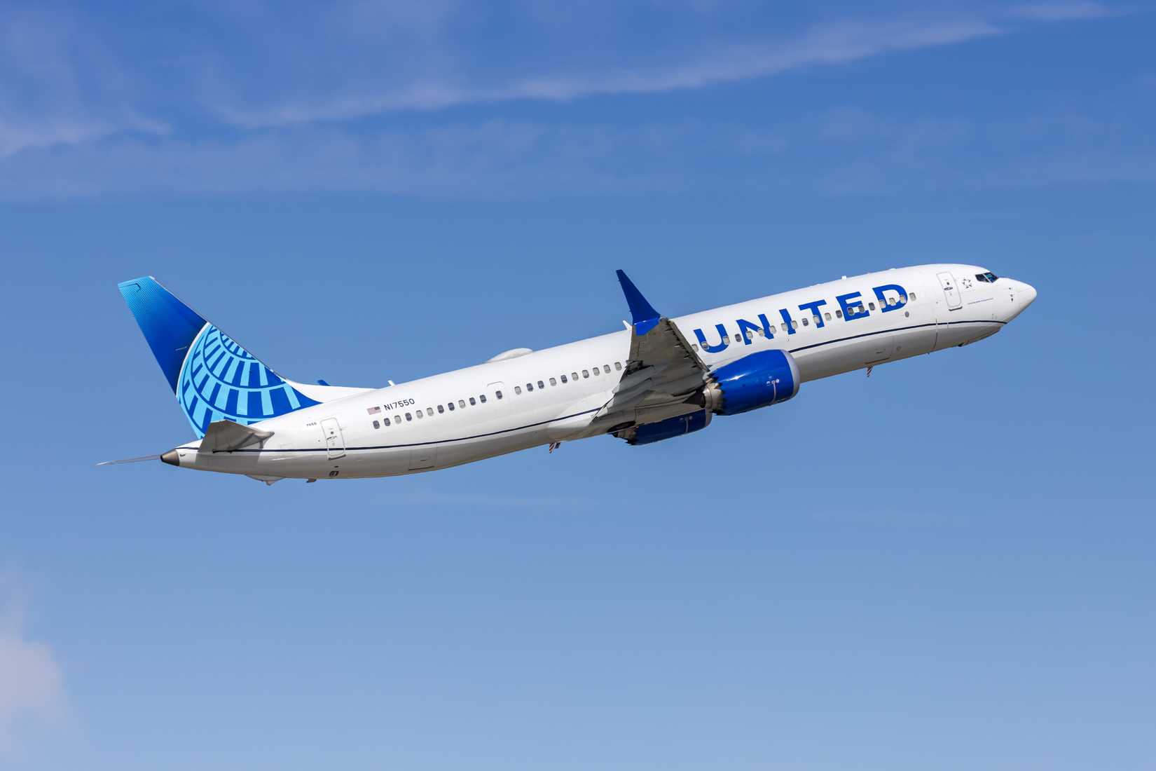 United Airlines Boeing 737 MAX 9 airplane at Fort Lauderdale airport in the United States.