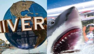 split image: on the left, universal's spinning globe. on the right, jaws launches out of water during ride