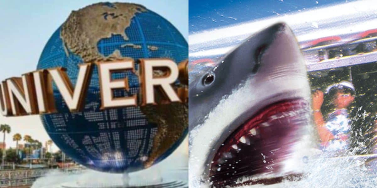 split image: on the left, universal's spinning globe. on the right, jaws launches out of water during ride