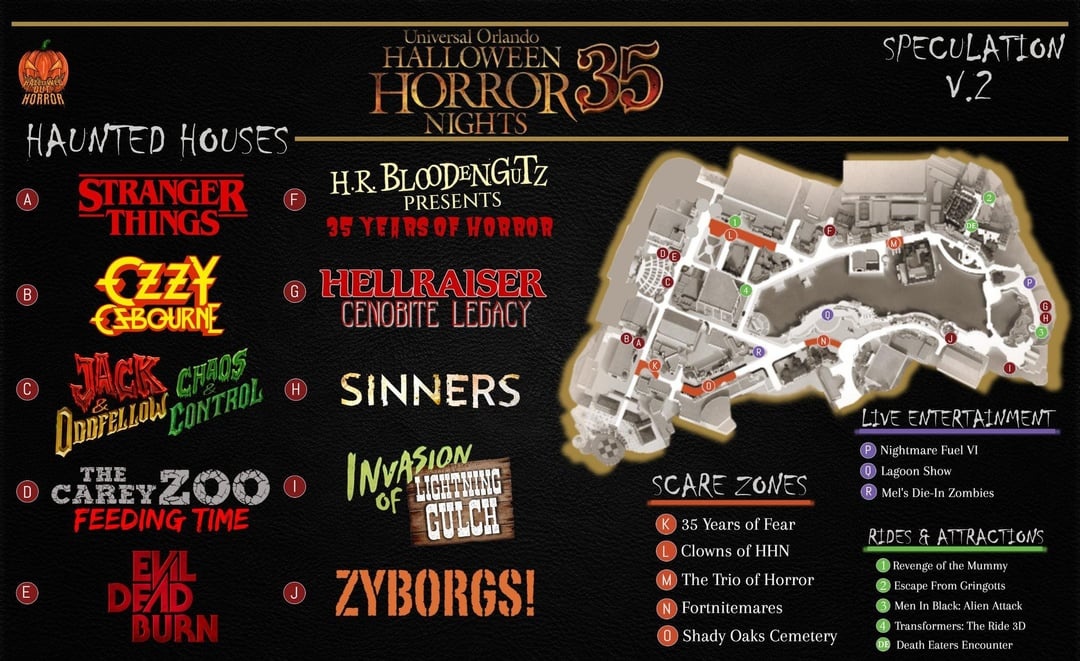 A new post from Hallowed_Horror on X/Twitter has revealed a new speculation map for Halloween Horror Nights 35 at Universal Orlando Resort.