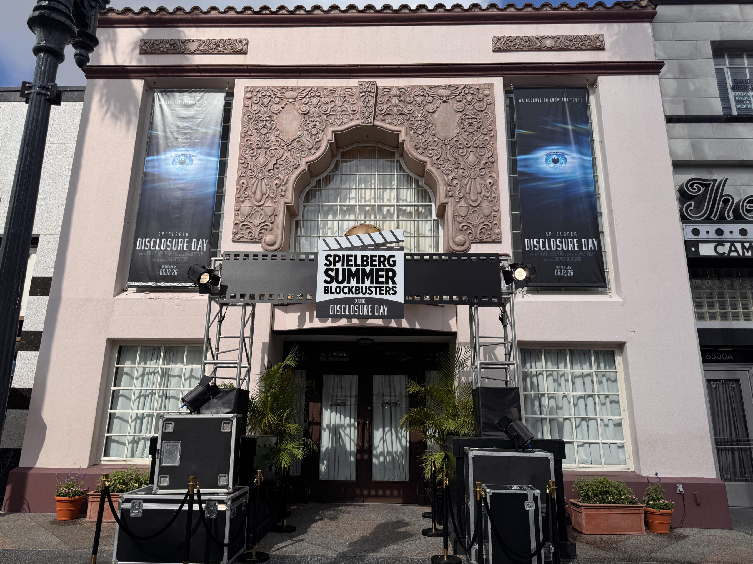 The entrance is the Studio Styles facade in the Hollywood section of the park, under a film strip-inspired marquee with a