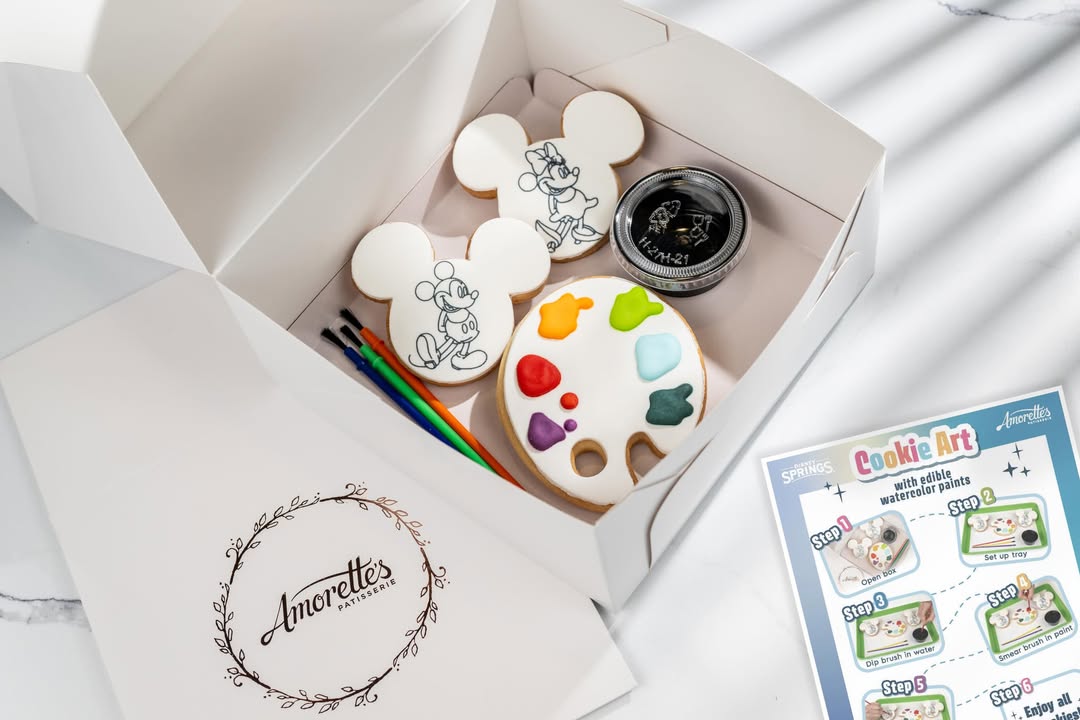 Kids can enjoy Mickey and Minnie Cookie Art with Edible Water Color Paints from Amorette's Patisserie. Each kit includes a Mickey cookie, Minnie cookie, painter's palette cookie, paint brushes, and water to activate the edible paints.