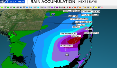 Rainy and warm on Sunday in South Florida, with rain chances to start the workweek