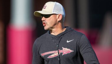 Florida State head coach Mike Norvell leads practice Thursday, April 9, 2026.