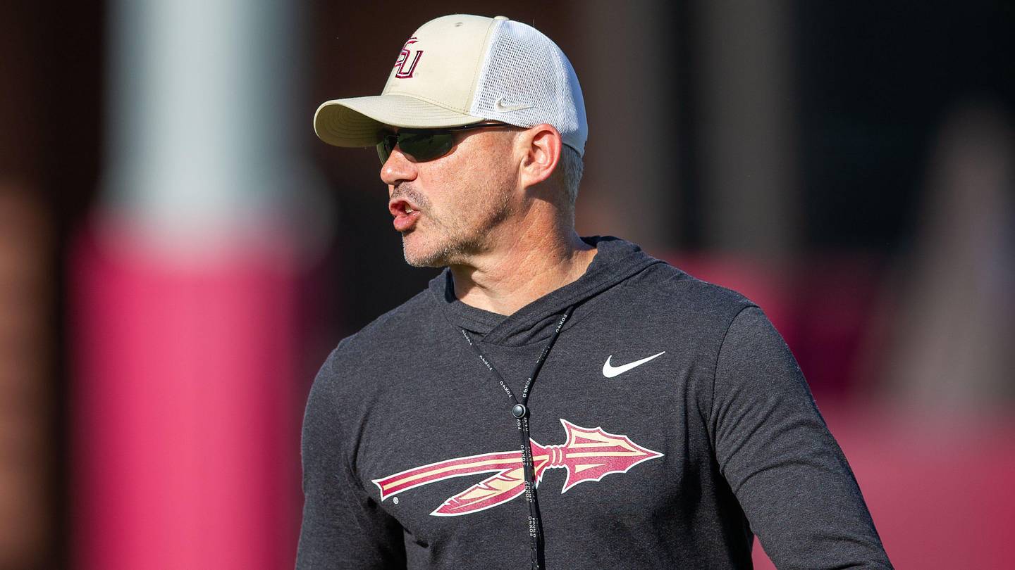 Florida State head coach Mike Norvell leads practice Thursday, April 9, 2026.