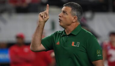 Dec 31, 2025; Arlington, TX, USA; Miami Hurricanes head coach Mario Cristobal gestures before the 2025 Cotton Bowl and quarterfinal game of the College Football Playoff against the Ohio State Buckeyes at AT&T Stadium. Mandatory Credit: Raymond Carlin III-Imagn Images