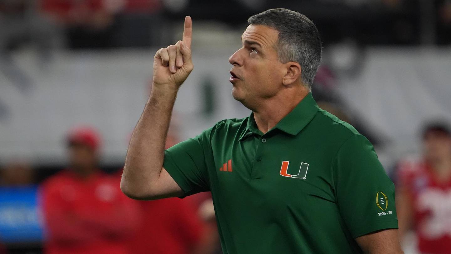 Dec 31, 2025; Arlington, TX, USA; Miami Hurricanes head coach Mario Cristobal gestures before the 2025 Cotton Bowl and quarterfinal game of the College Football Playoff against the Ohio State Buckeyes at AT&T Stadium. Mandatory Credit: Raymond Carlin III-Imagn Images