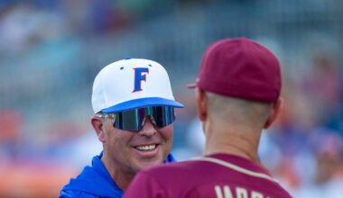 FloridaÕs Kevin OÕ Sullivan and FSUÕs Link Jarrett meet before the start of the game, March 10, 2026, at Condron Family Ballpark in Gainesville, Florida. [Cyndi Chambers/ Gainesville Sun] 2026