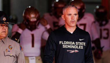 Nov 29, 2025; Gainesville, Florida, USA; Florida State Seminoles head coach Mike Norvell walks out of the tunnel before a game against the Florida Gators at Ben Hill Griffin Stadium. Mandatory Credit: Matt Pendleton-Imagn Images