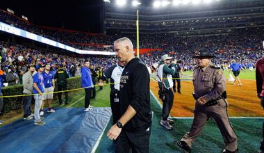 Nov 29, 2025; Gainesville, Florida, USA; Florida State Seminoles head coach Mike Norvell walks off the field after a game against the Florida Gators at Ben Hill Griffin Stadium. Mandatory Credit: Matt Pendleton-Imagn Images