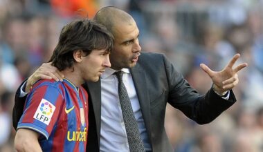 Coach Pep Guardiola talks with Leo Messi during a match during the duo's time at Barcelona.