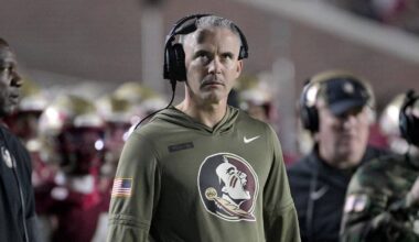 Nov 15, 2025; Tallahassee, Florida, USA; Florida State Seminoles head coach Mike Norvell during the second half against the Virginia Tech Hokies at Doak S. Campbell Stadium. Mandatory Credit: Melina Myers-Imagn Images