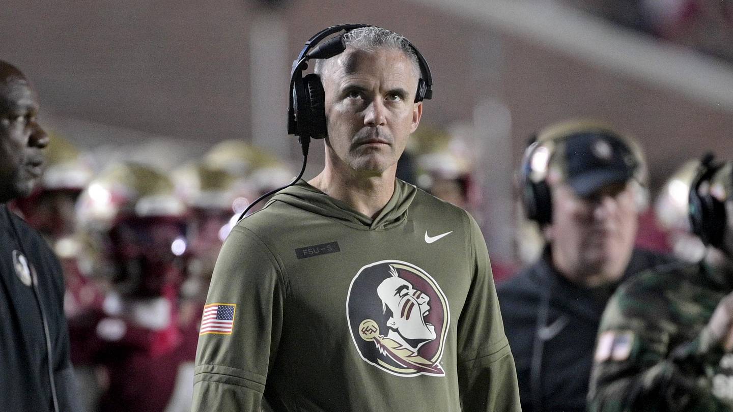 Nov 15, 2025; Tallahassee, Florida, USA; Florida State Seminoles head coach Mike Norvell during the second half against the Virginia Tech Hokies at Doak S. Campbell Stadium. Mandatory Credit: Melina Myers-Imagn Images