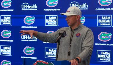 Florida head coach Jon Sumrall speaks during a press conference after the first day of Florida Spring football practice at Heavener Football Center in Gainesville, FL on Tuesday, March 3, 2026. [Alan Youngblood/Gainesville Sun]