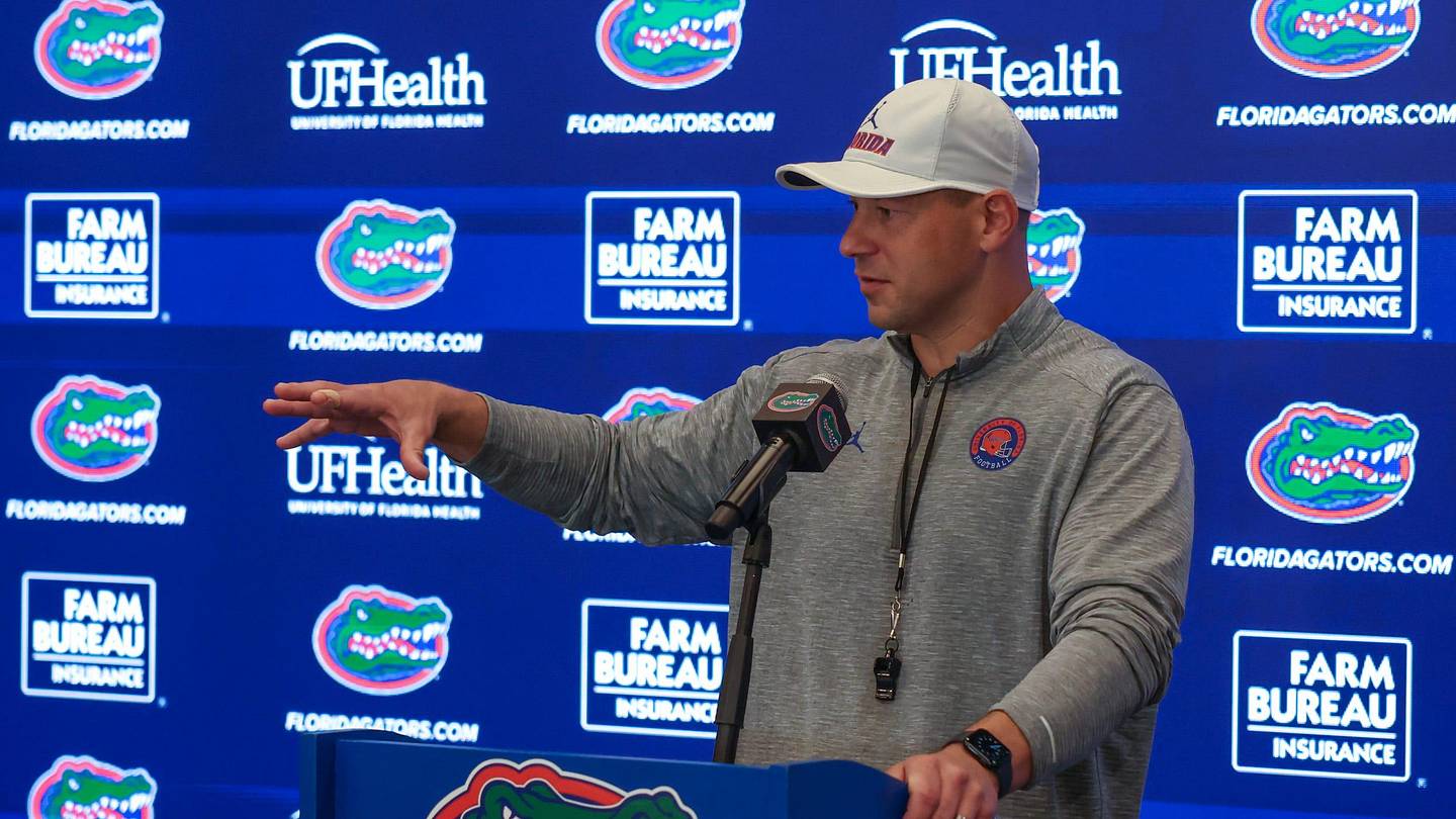 Florida head coach Jon Sumrall speaks during a press conference after the first day of Florida Spring football practice at Heavener Football Center in Gainesville, FL on Tuesday, March 3, 2026. [Alan Youngblood/Gainesville Sun]