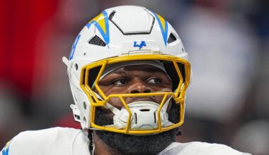 Dec 1, 2024; Atlanta, Georgia, USA; Los Angeles Chargers guard Jamaree Salyer (68) shown on the field before the game against the Atlanta Falcons at Mercedes-Benz Stadium. Mandatory Credit: Dale Zanine-Imagn Images