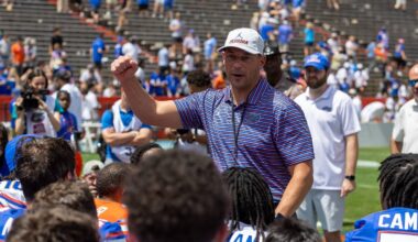 Florida head coach Jon Sumrall speaks to the team after the Orange and Blue game at Steve Spurrier Field at Ben Hill Griffin Stadium in Gainesville, FL on Saturday, April 11, 2026. [Alan Youngblood/Gainesville Sun]