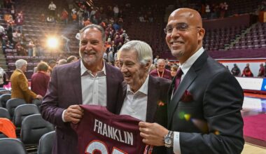 Nov 19, 2025; Blacksburg, VA, USA;  Bud Foster, Frank Beamer and James Franklin after the press conference at Cassell Coliseum. Mandatory Credit: Brian Bishop-Imagn Images
