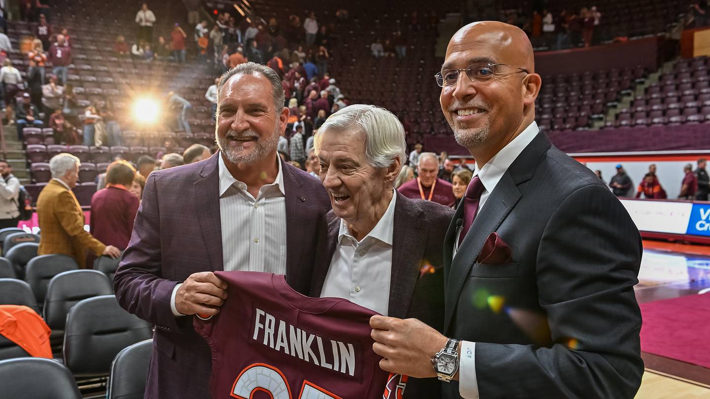 Nov 19, 2025; Blacksburg, VA, USA;  Bud Foster, Frank Beamer and James Franklin after the press conference at Cassell Coliseum. Mandatory Credit: Brian Bishop-Imagn Images