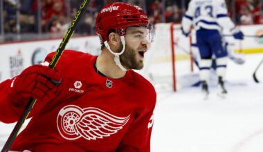 Feb 8, 2025; Detroit, Michigan, USA;  Detroit Red Wings right wing Alex DeBrincat (93) celebrates after he scores a goal on Tampa Bay Lightning goaltender Andrei Vasilevskiy (88) in the second period at Little Caesars Arena. Mandatory Credit: Rick Osentoski-Imagn Images