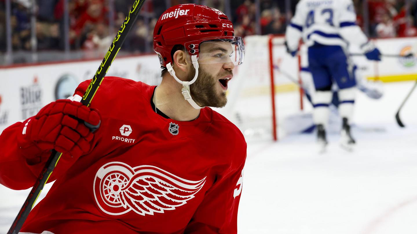 Feb 8, 2025; Detroit, Michigan, USA;  Detroit Red Wings right wing Alex DeBrincat (93) celebrates after he scores a goal on Tampa Bay Lightning goaltender Andrei Vasilevskiy (88) in the second period at Little Caesars Arena. Mandatory Credit: Rick Osentoski-Imagn Images