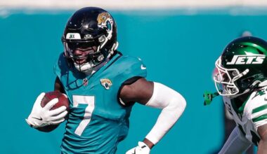 Dec 14, 2025; Jacksonville, Florida, USA;Jacksonville Jaguars wide receiver Brian Thomas Jr. (7) runs after a catch against the New York Jets at EverBank Stadium. Mandatory Credit: Travis Register-Imagn Images