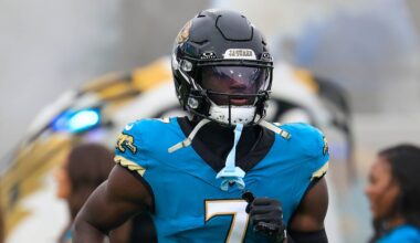Jacksonville Jaguars wide receiver Brian Thomas Jr. (7) is introduced before an NFL football game at EverBank Stadium, Sunday, Dec. 7, 2025, in Jacksonville, Fla. The Jaguars defeated the Colts 36-19.