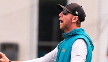 Jaguars head coach Liam Coen coaches during the Jaguars’ fourth OTA of the year, Monday June 1, 2026 at the Miller Electric Center in Jacksonville, Fla. [Doug Engle/Florida Times-Union]