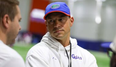 Florida head coach Jon Sumrall talks on the sideline during spring practice at Sanders Practice Fields in Gainesville, FL on Tuesday, April 7, 2026. [Alan Youngblood/Gainesville Sun]