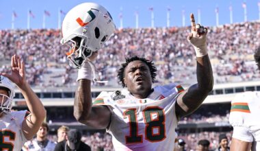 Dec 20, 2025; College Station, TX, USA; Miami Hurricanes defensive lineman Armondo Blount (18) holds up his helmet as he celebrates the Hurricanes win over the Texas A&M Aggies at Kyle Field. Mandatory Credit: Jerome Miron-Imagn Images