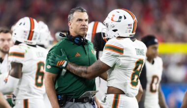 Jan 8, 2026; Glendale, AZ, USA; Miami Hurricanes head coach Mario Cristobal with defensive back Jakobe Thomas (8) against the Mississippi Rebels during the 2026 Fiesta Bowl and semifinal game of the College Football Playoff at State Farm Stadium. Mandatory Credit: Mark J. Rebilas-Imagn Images