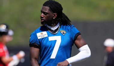 Jacksonville Jaguars wide receiver Brian Thomas Jr. (7) walks off the field during the third day of minicamp at the Miller Electric Center, Thursday, June 11, 2026, in Jacksonville, Fla.