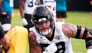 Jaguars defensive end Zach Durfee (58) runs a drill during the Jaguars’ fourth OTA of the year, Monday June 1, 2026 at the Miller Electric Center in Jacksonville, Fla. [Doug Engle/Florida Times-Union]