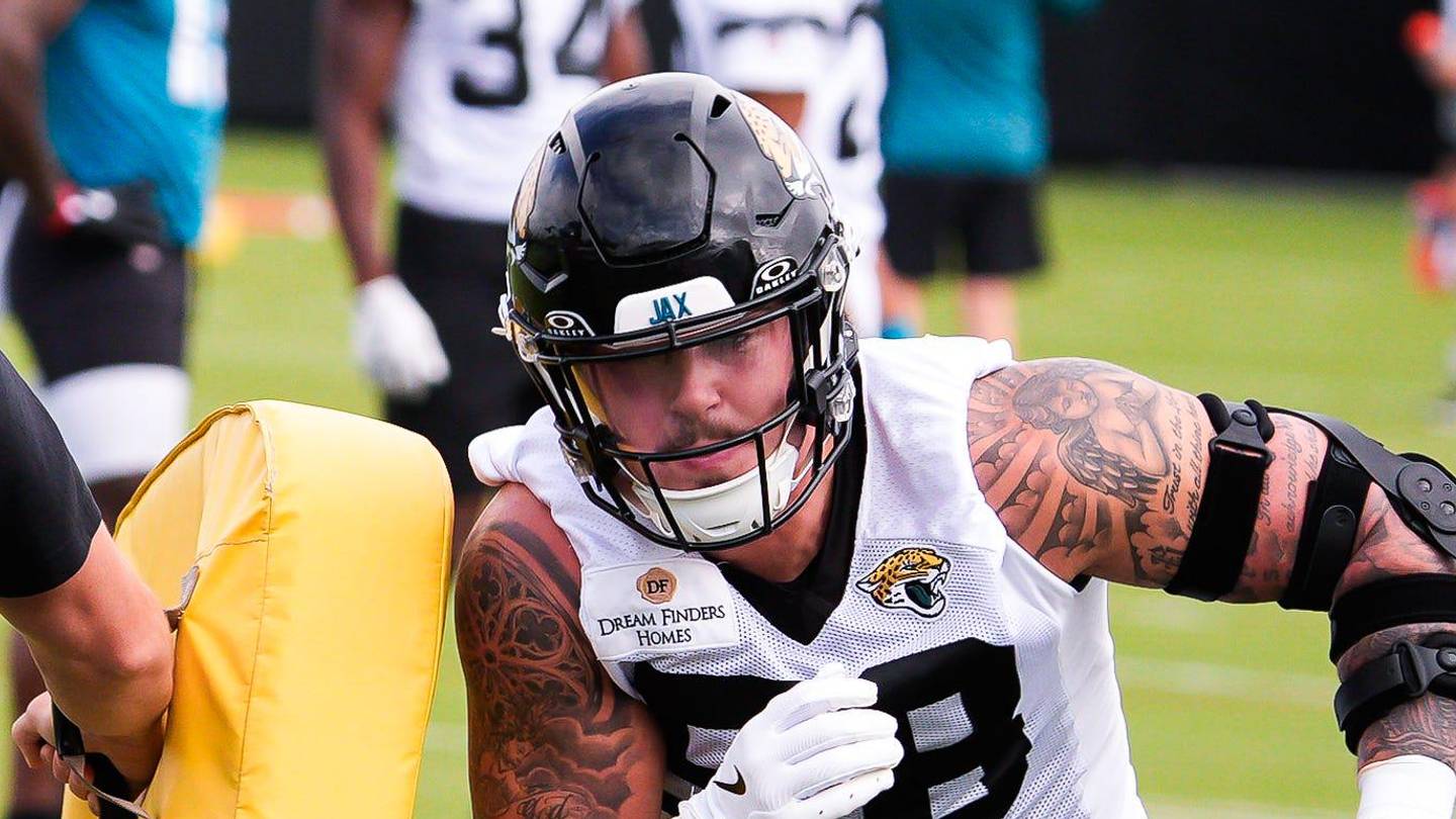Jaguars defensive end Zach Durfee (58) runs a drill during the Jaguars’ fourth OTA of the year, Monday June 1, 2026 at the Miller Electric Center in Jacksonville, Fla. [Doug Engle/Florida Times-Union]
