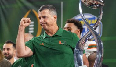Dec 31, 2025; Arlington, TX, USA; Miami Hurricanes head coach Mario Cristobal with the champions trophy following the 2025 Cotton Bowl and quarterfinal game of the College Football Playoff against the Ohio State Buckeyes at AT&T Stadium. Mandatory Credit: Raymond Carlin III-Imagn Images