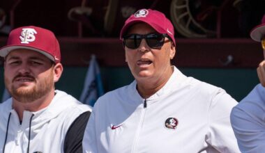 Florida State Seminoles head coach Lonni Alameda watches from the dugout. The Texas Tech Red Raiders defeated the Florida State Seminoles 2-1 in the NCAA WCWS Super Regionals on Friday, May 23, 2025.