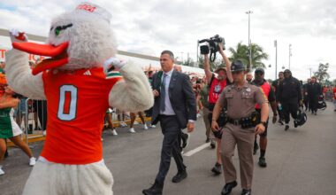 Oct 17, 2025; Miami Gardens, Florida, USA; Miami Hurricanes head coach Mario Cristobal during the Hurricane Walk before the game against the Louisville Cardinals at Hard Rock Stadium. Mandatory Credit: Sam Navarro-Imagn Images