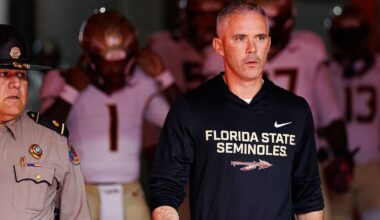 Nov 29, 2025; Gainesville, Florida, USA; Florida State Seminoles head coach Mike Norvell walks out of the tunnel before a game against the Florida Gators at Ben Hill Griffin Stadium. Mandatory Credit: Matt Pendleton-Imagn Images