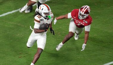 Jan 19, 2026; Miami Gardens, FL, USA; Miami Hurricanes wide receiver Malachi Toney (10) runs with the ball for a touchdown against the Indiana Hoosiers during the second half of the College Football Playoff National Championship game at Hard Rock Stadium. Mandatory Credit: James Lang-Imagn Images
