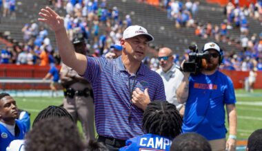 Florida head coach Jon Sumrall speaks to the team after the Orange and Blue game at Steve Spurrier Field at Ben Hill Griffin Stadium in Gainesville, FL on Saturday, April 11, 2026. [Alan Youngblood/Gainesville Sun]