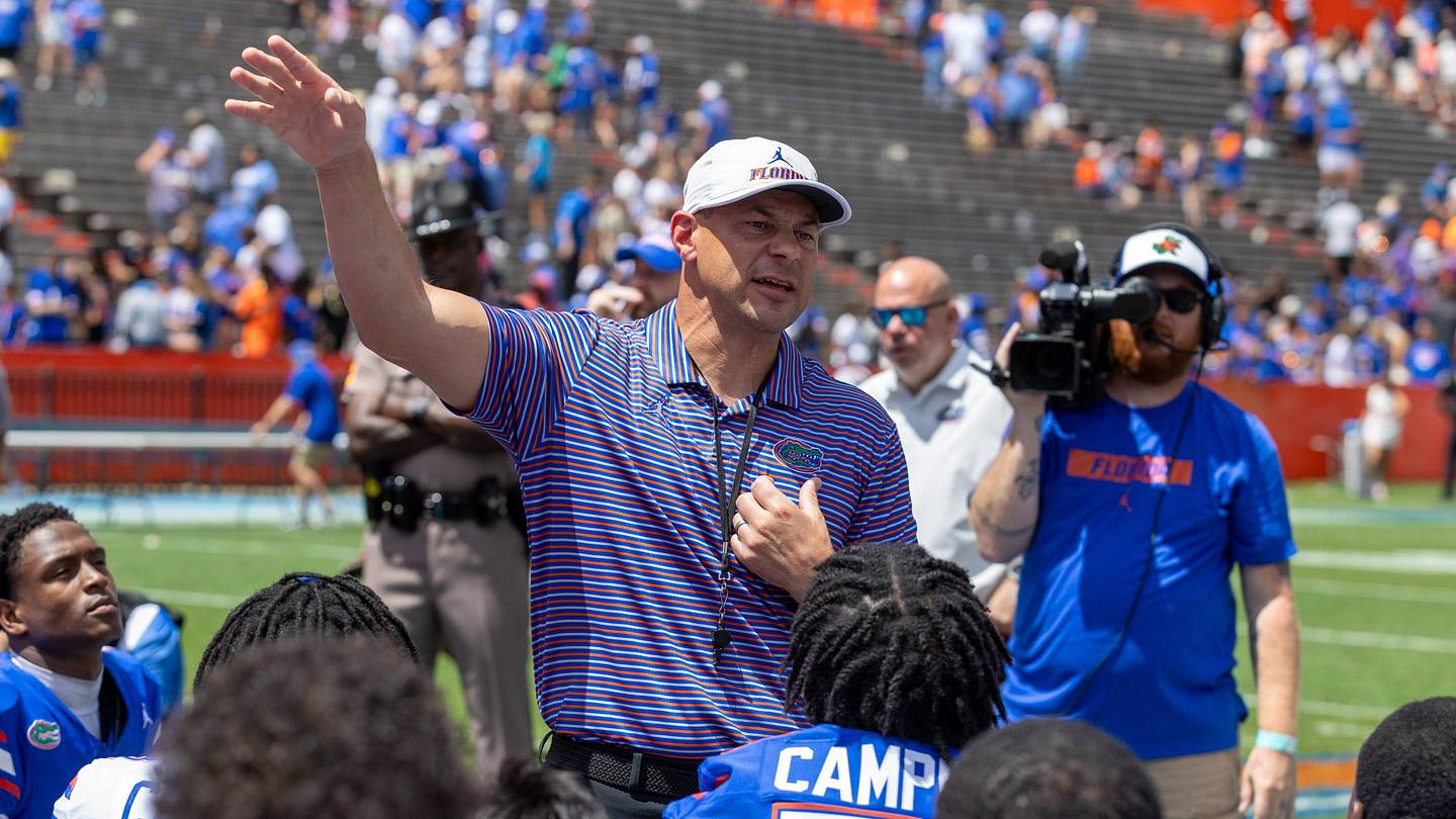 Florida head coach Jon Sumrall speaks to the team after the Orange and Blue game at Steve Spurrier Field at Ben Hill Griffin Stadium in Gainesville, FL on Saturday, April 11, 2026. [Alan Youngblood/Gainesville Sun]