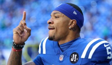 Sep 7, 2025; Indianapolis, Indiana, USA; Indianapolis Colts quarterback Anthony Richardson Sr. (5) warms up before a game against the Miami Dolphins at Lucas Oil Stadium.