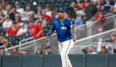 Jun 5, 2026; Minneapolis, Minnesota, USA; Minnesota Twins shortstop Orlando Arcia (11) retires Kansas City Royals catcher Salvador Perez (13) in the sixth inning at Target Field. Mandatory Credit: Matt Blewett-Imagn Images