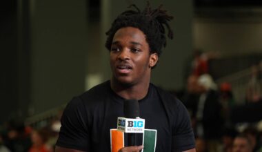 Jan 17, 2026; Miami, Florida, USA; Miami Hurricanes receiver Malachi Toney on the Big Ten Network stage during media day for the 2025 College Football Playoff National Championship at Miami Beach Convention Center. Mandatory Credit: Kirby Lee-Imagn Images