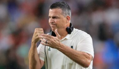 Sep 20, 2025; Miami Gardens, Florida, USA; Miami Hurricanes head coach Mario Cristobal reacts against the Florida Gators during the first quarter at Hard Rock Stadium. Mandatory Credit: Sam Navarro-Imagn Images