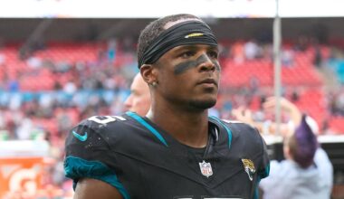 Oct 1, 2023; London, United Kingdom;  Jacksonville Jaguars wide receiver Tim Jones (15) leaves the field after  the second half of an NFL International Series game at Wembley Stadium.