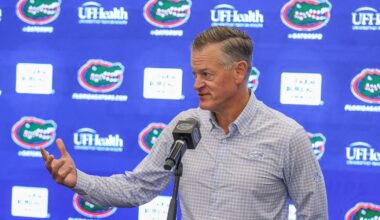 University of Florida athletic director Scott Stricklin addresses the media in a press conference on Oct. 20, 2025.