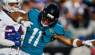 Jacksonville Jaguars wide receiver Parker Washington (11) signal a first down during the fourth quarter in an NFL football AFC Wild Card playoff matchup, Sunday, Jan. 11, 2026, in Jacksonville, Fla. Bills lead 10-7 at the half over the Jaguars. The Bills defeated the Jaguars 27-24.
