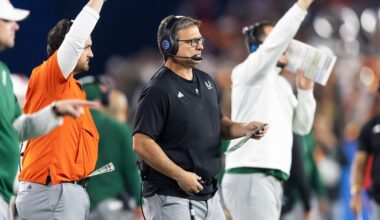 Jan 8, 2026; Glendale, AZ, USA; Miami Hurricanes offensive coordinator Shannon Dawson against the Mississippi Rebels during the 2026 Fiesta Bowl and semifinal game of the College Football Playoff at State Farm Stadium. Mandatory Credit: Mark J. Rebilas-Imagn Images